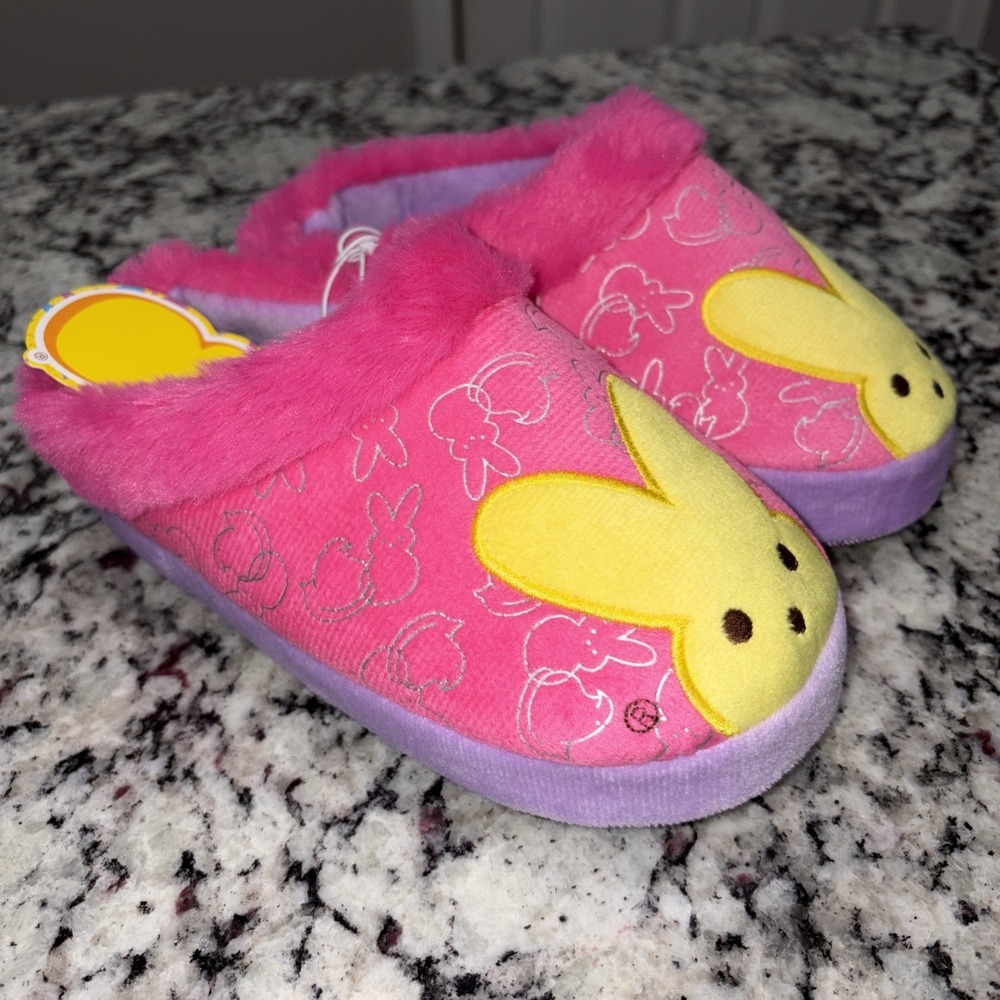 Peeps Slippers‎ Girls Size 13-1 Pink Yellow Slip On Faux Fur Lined Plush Shoes
